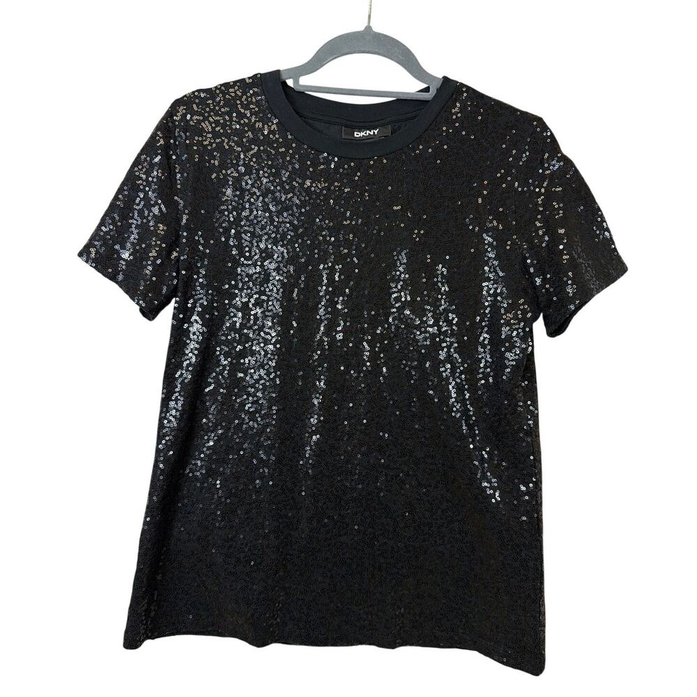 DKNY Black Sequin Scoop Neck Short Sleeve Tee Shirt Size S